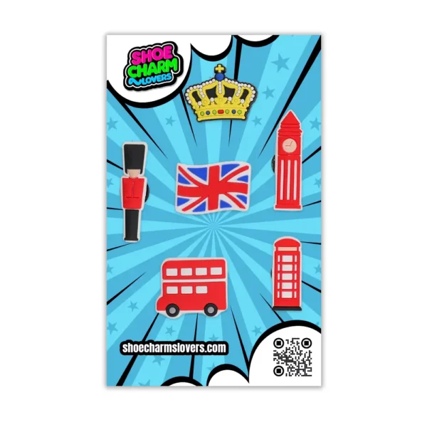 Blister with 6 London-style charms for Crocs – colorful and cultural