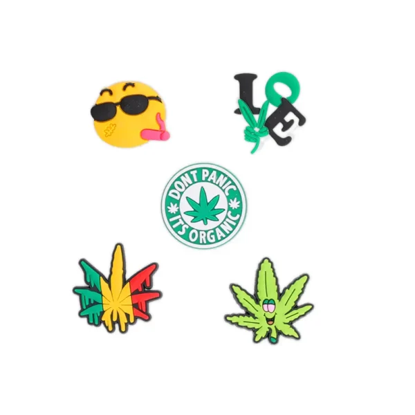 Set of 5 weed shoe charms – leaves, chill emoji, peace signs