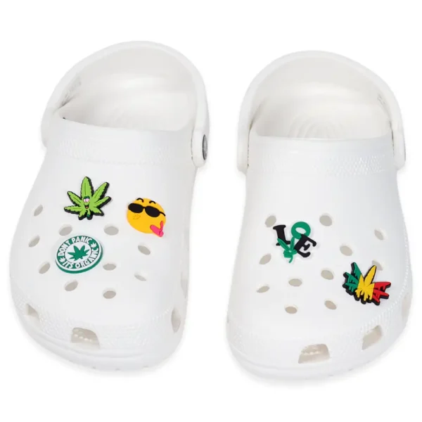 weed charms placed on Crocs – botanical and fun