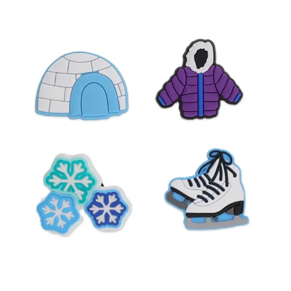 Winter shoe charms set for Crocs – features snowflake, ice skates, igloo, and puffer jacket