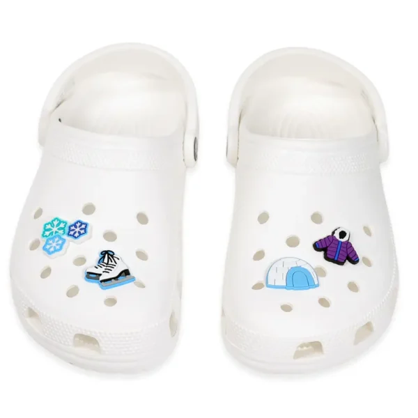 Winter shoe charms on white Crocs – cozy pack with a snowflake, winter coat, igloo, and skates