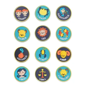 12 zodiac shoe charms in colorful astrological designs for Crocs
