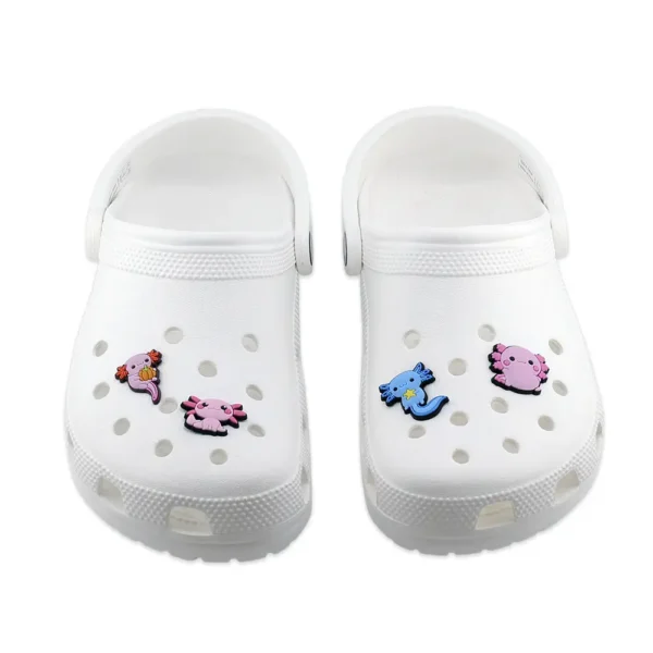 Axolotl charms on white Crocs – adorable bundle with pink and blue axolotls for cute accessory fans