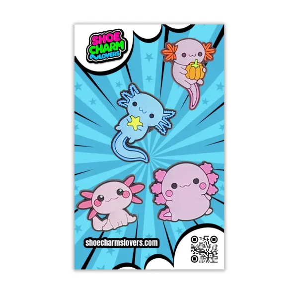 Blister pack with Axolotl Shoe Charms – aquatic animal bundle in kawaii style for decorating your Crocs