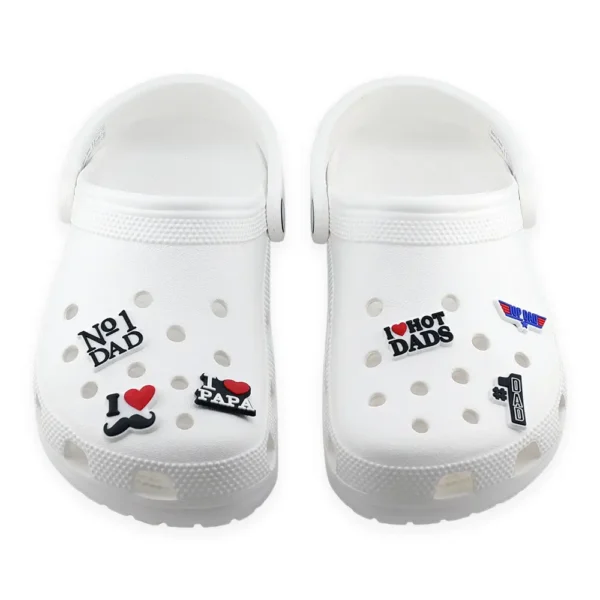 Dad Shoe Charms on white Crocs – a perfect bundle to celebrate dads with humor and love