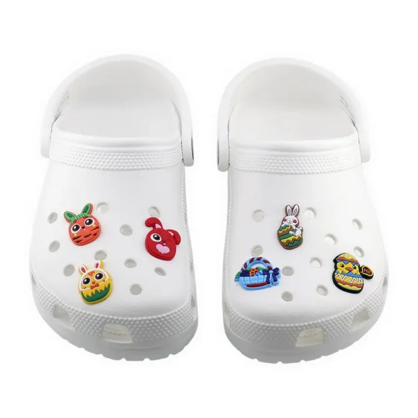 Easter Shoe Charms on white Crocs – bunnies, eggs, and springtime decorations