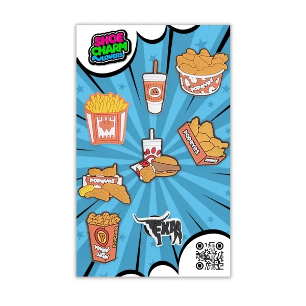 8-piece blister pack of fried chicken shoe charms – fast food fun for food lovers
