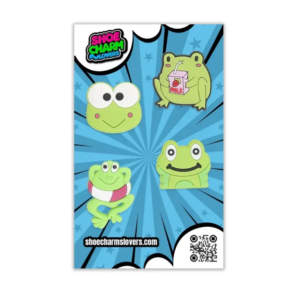Blister pack with Frog Shoe Charms – bundle of 4 cute frog Crocs accessories
