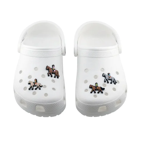 Horse Riding Shoe Charms on white Crocs – featuring horses and riders in motion.